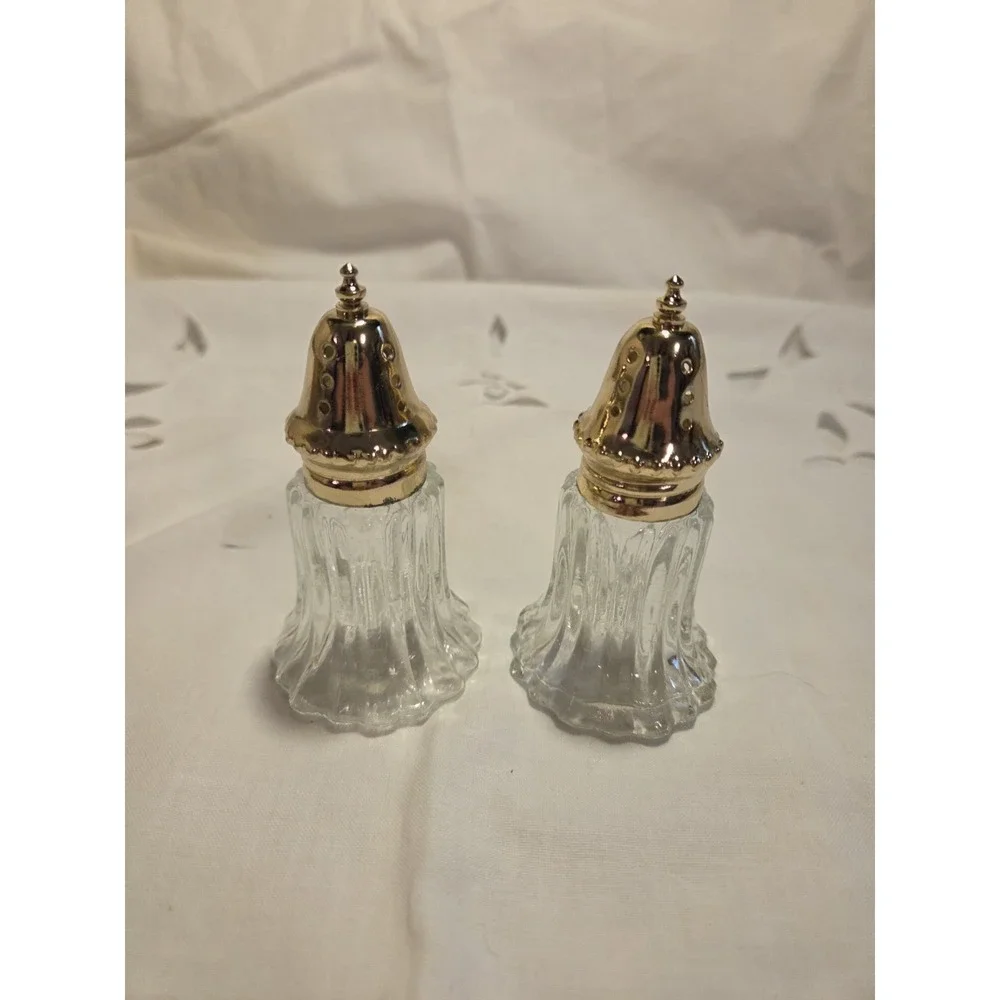 Vintage Salt And Pepper Shaker Set Pressed Glass And Gold Plated Tops